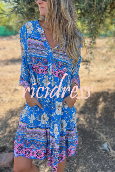 Ethnic Floral Print V-neck Loose Pocket Mini Dress