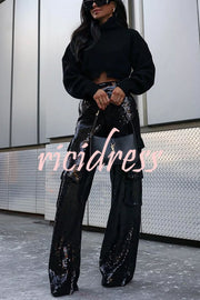 Night Gathering Sequin High Rise Pocketed Wide Leg Cargo Pants