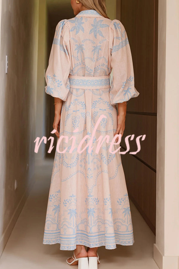 Linen Blend Lapel Puff Sleeve Casual Waist Belted Maxi Dress