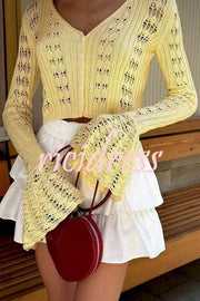Fashion Hollow Button Long Sleeve V-neck Knitted Cardigan
