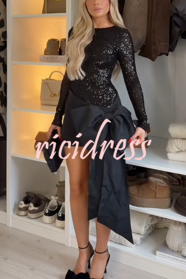 Forever New Sequin Long Sleeve Oversized Bow Drape Mini Dress