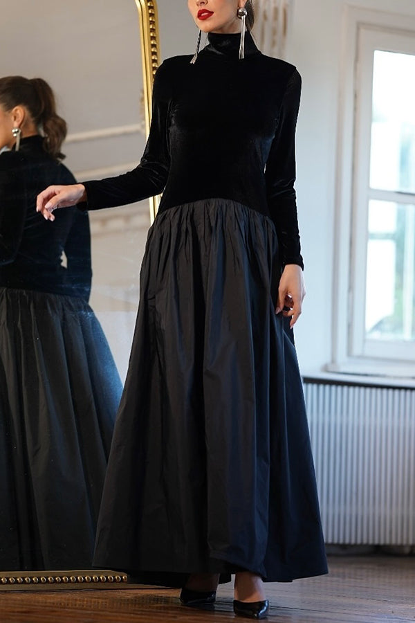 Solid Color Velvet Patchwork High Neck Long Sleeve Maxi Dress