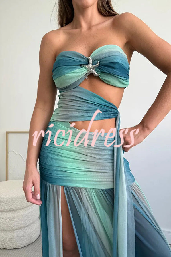 Soleil Mesh Printed Starfish Pendant Ruched Cutout Off Shoulder Maxi Dress