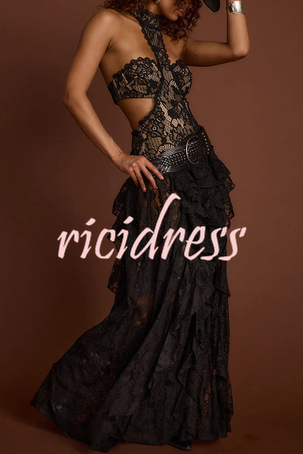 A Girls' Trip Lace High Neck Cutout Drop Waist Ruffles Maxi Dress