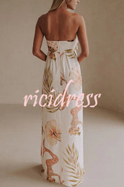 Island Time Linen Blend Unique Print Strapless Back Tie-up A-line Maxi Dress