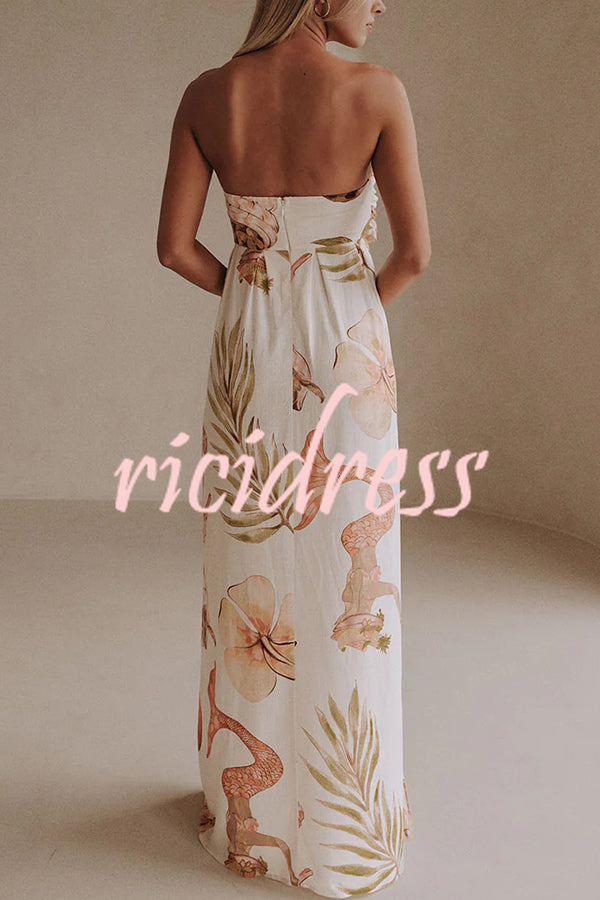 Island Time Linen Blend Unique Print Strapless Back Tie-up A-line Maxi Dress
