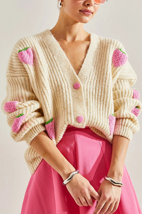 Stylish and Sweet V-neck Strawberry Embellished Knitted Cardigan