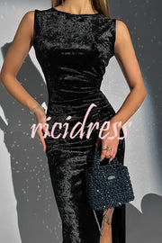 Solid Color Velvet Round Neck Sleeveless Slim Slit Maxi Dress