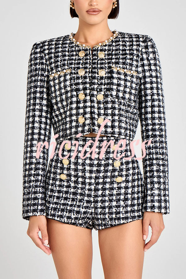 Remy Check Bouclé-tweed Fabric Pearl Trim Gold Button Long Sleeve Jacket