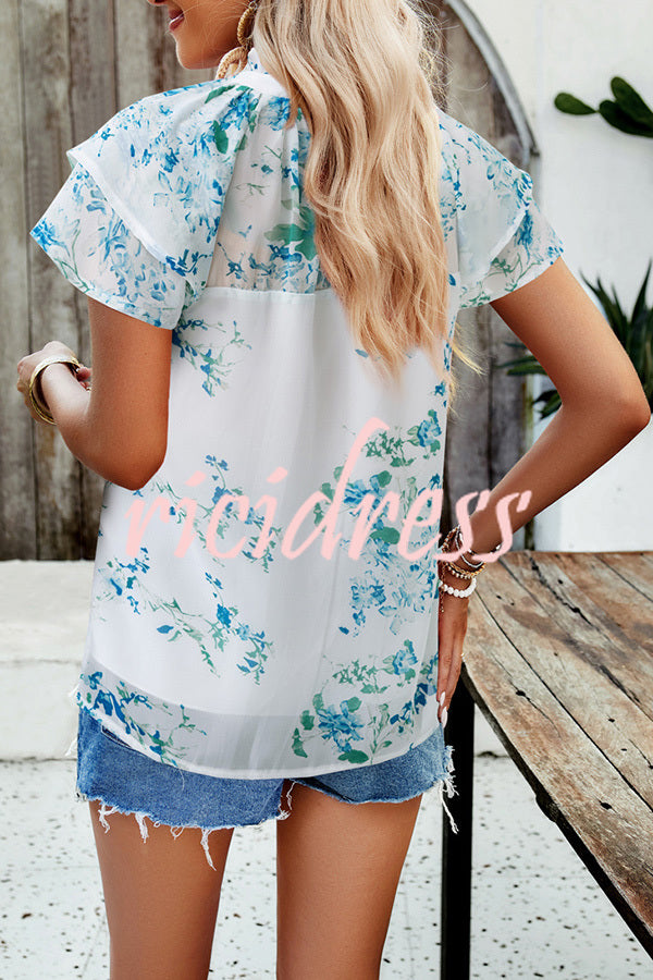 Floral Print Paneled Pleated Crew Neck Pullover Short Sleeved Top
