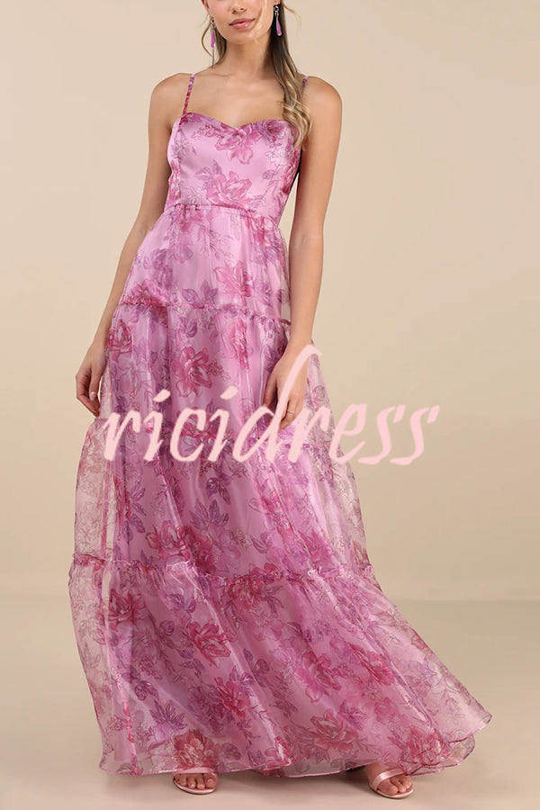 Exclusive Glamour Organza Floral Print Tiered Slip Maxi Dress