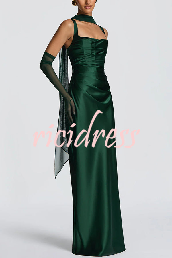 Calanthe Satin Square Neck Ruched Back Lace-up Drape Mesh Scarf Maxi Dress