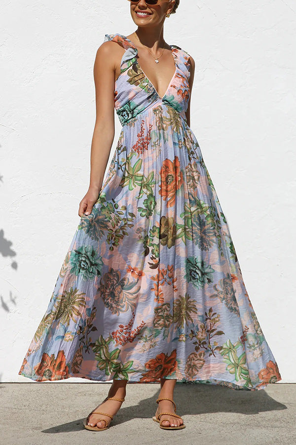 Unique Printed V-neck Ruffled Straps Pleated Back Maxi Dress