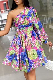 Stylish Printed One Shoulder Tighten Waist Mini Dress