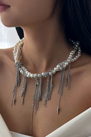 Elegant Pearl Beaded Tassel Heart Chain Necklace