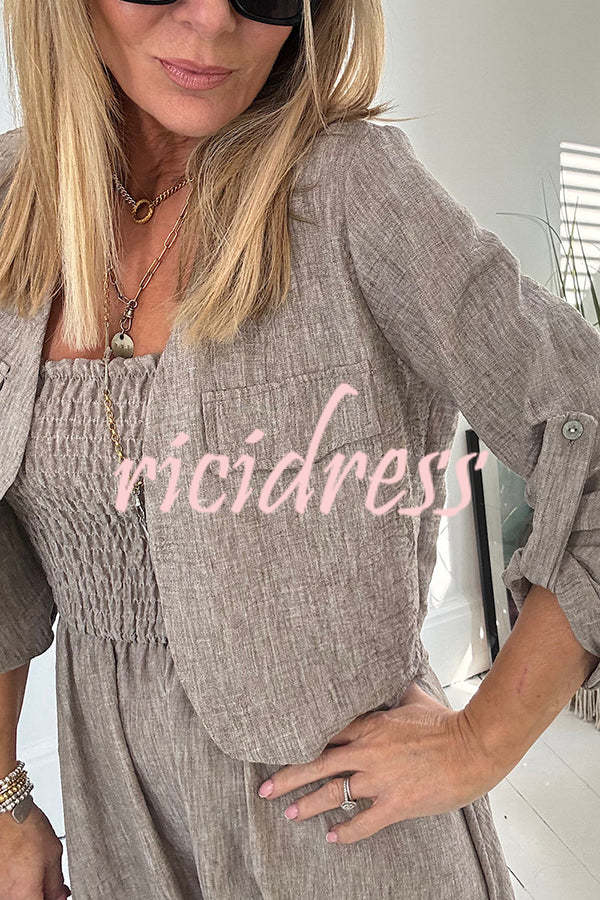 Solid Color Casual Short Jacket and Suspender Pleated Maxi Dress Set