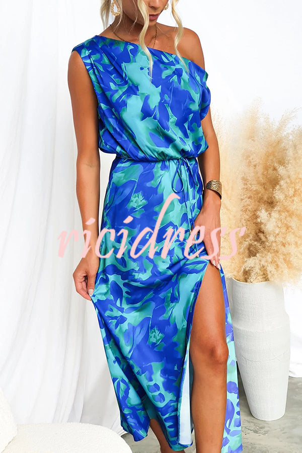 Satin Unique Print One Shoulder Tie Waist Slit Maxi Dress