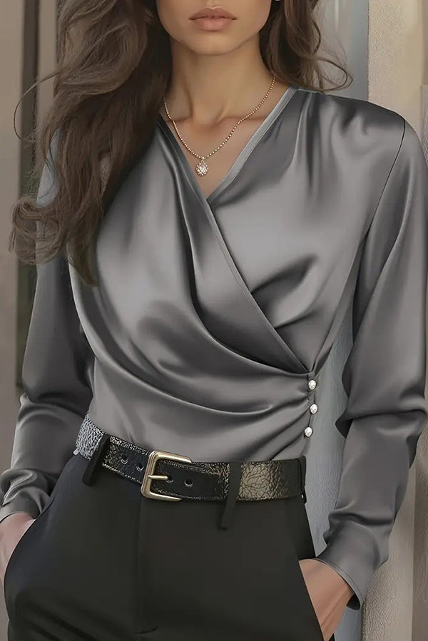 Solid Color V-neck Long-sleeved Asymmetrical Casual Shirt