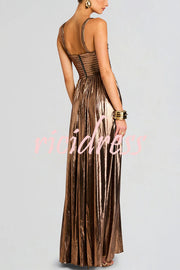 Artistic Quality Metallic Pleated Fabric Removable Straps Slit Maxi Dress