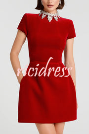 Regan Luxurious Velvet Jewel-encrusted Turtleneck Short Sleeve Pocket Tulip Mini Dress