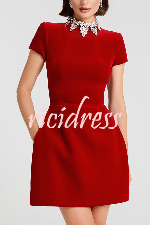 Regan Luxurious Velvet Jewel-encrusted Turtleneck Short Sleeve Pocket Tulip Mini Dress