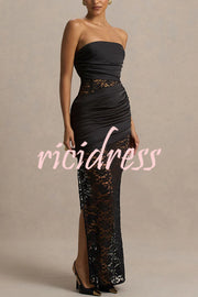 Dulcie Lace and Satin Patchwork Asymmetrical Pleats Bandeau Maxi Dress