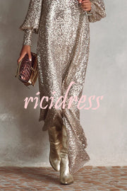 Minimalist Sparkling Sequin V-neck Long Balloon Sleeve Slit Party Maxi Dress
