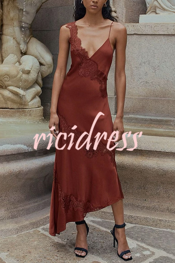 Sexy Lace Stitching Suspender V-neck Asymmetrical Maxi Dress