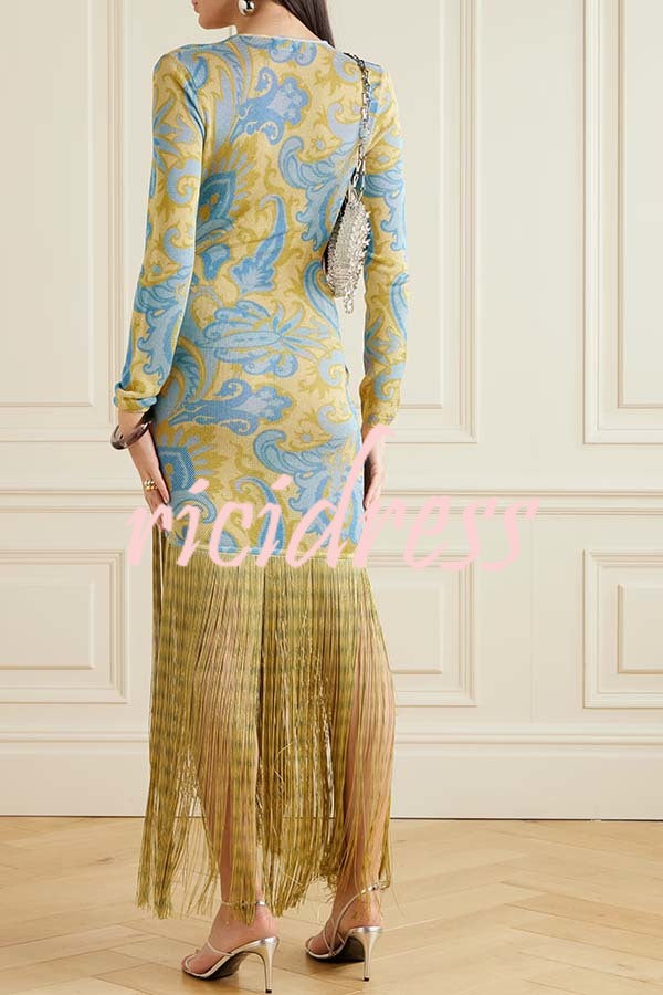 Golden Age Knit Paisley Print Long Sleeve Tassle Hem Maxi Dress
