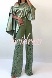 Chic Moment Satin Irregular Knot Slit Sleeve One Shoulder Loose Blouse