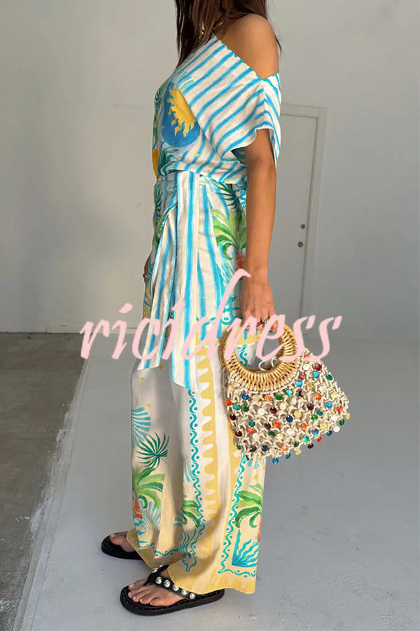 See You in Rio Tropical Fruits Print High Rise Elastic Waist Wide Leg Pants
