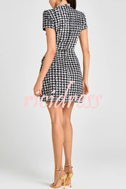 Eve Check Bouclé-tweed Fabric Pearl Trim Short Sleeve Pocketed Mini Dress