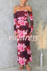 Floral Fantasy Mesh Off Shoulder Long Sleeve Stretch Maxi Dress