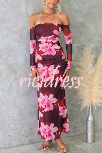 Floral Fantasy Mesh Off Shoulder Long Sleeve Stretch Maxi Dress