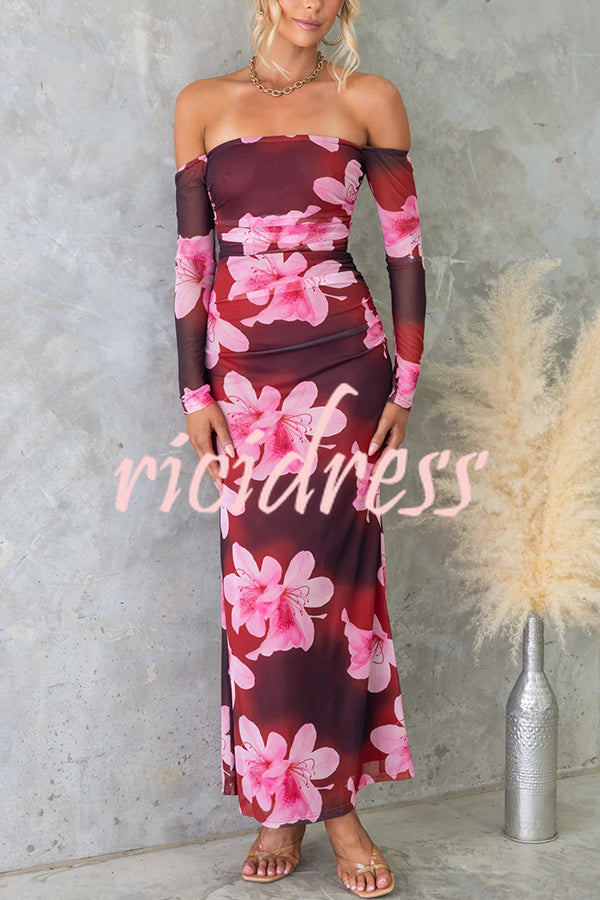 Floral Fantasy Mesh Off Shoulder Long Sleeve Stretch Maxi Dress