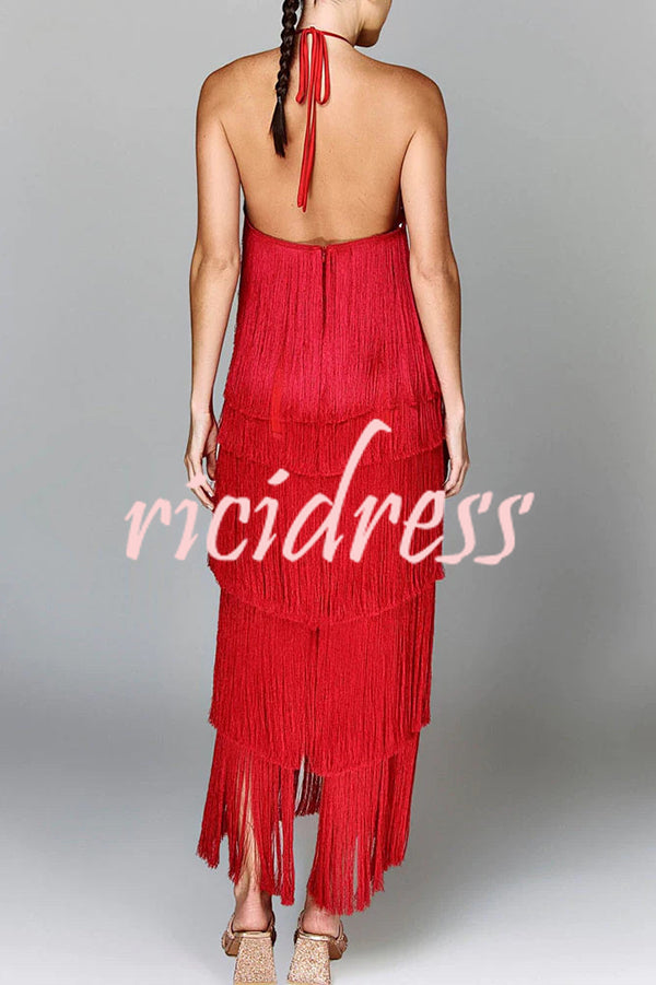 Sexy Halterneck Backless Elegant Fringe Maxi Dress