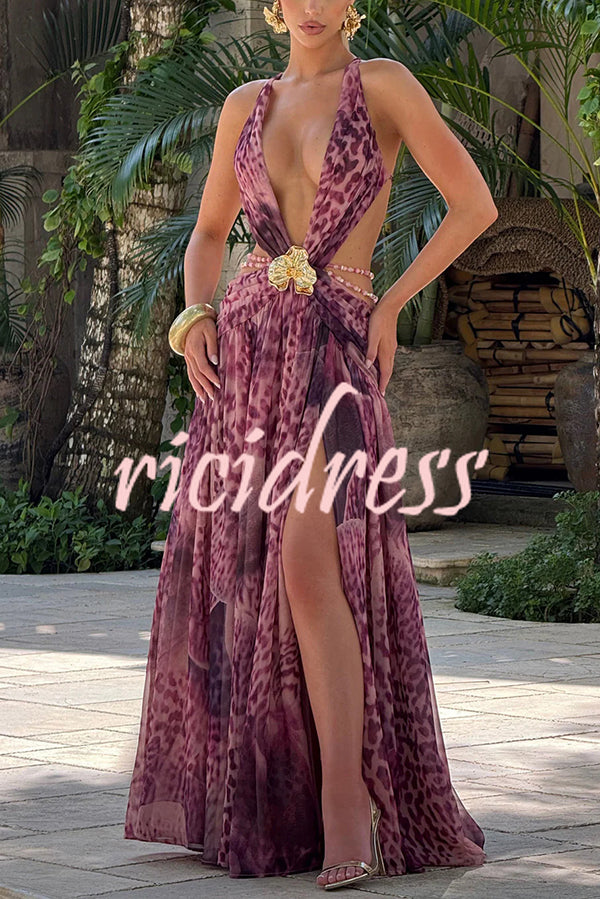Kinara Leopard Print Deep V-neck Metal Flower Hollow Beads Detail Slit Maxi Dress