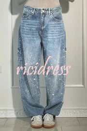 Fashionable Rhinestone Mid-rise Loose Pocket Straight Jeans