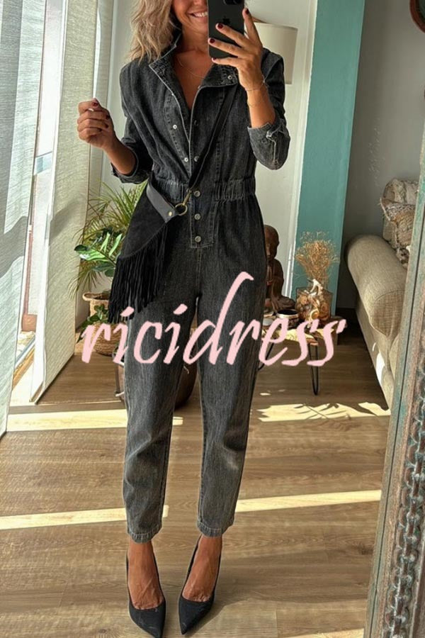 Carey Denim Button Up Long Sleeve Elastic Waist Pocketed Loose Jumpsuit