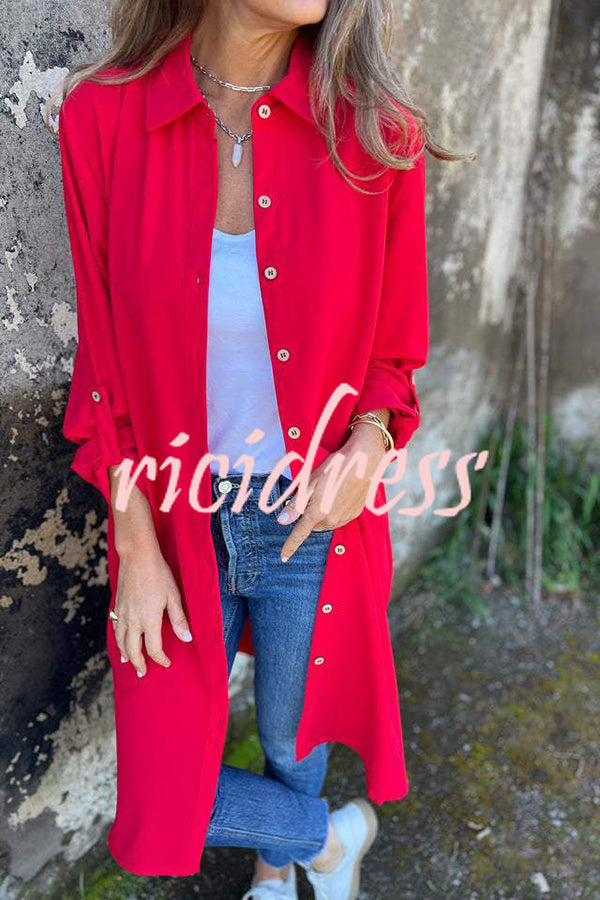 Solid Color Lapel Long Sleeve Button Casual Long Shirt