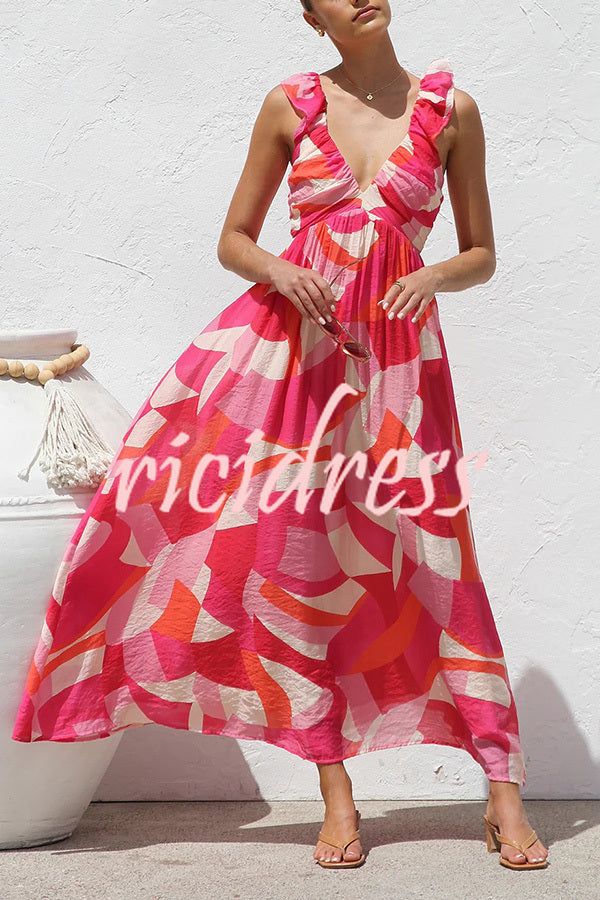 Unique Printed V-neck Ruffled Straps Pleated Back Maxi Dress