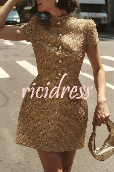 Gold Standard Tweed Fabric Pearl Button Short Sleeve Pocketed Mini Dress