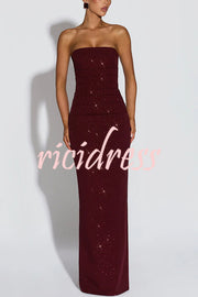 Pandra Glittery Crepe Fabric Off Shoulder Ruched Slit Cape Maxi Dress