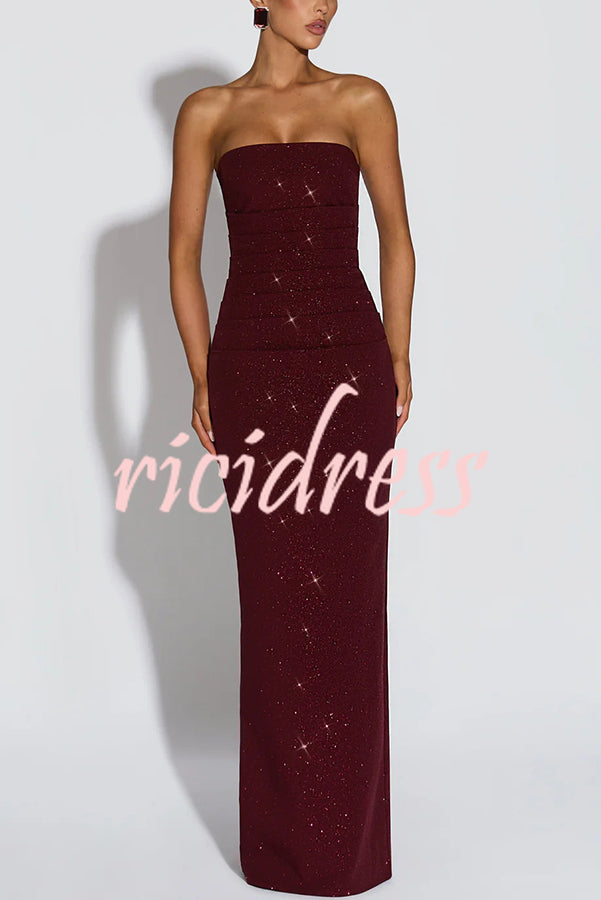 Pandra Glittery Crepe Fabric Off Shoulder Ruched Slit Cape Maxi Dress