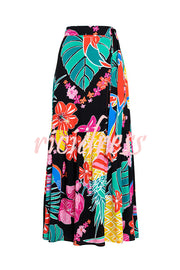 Tropical Flowers and Birds Print Loose Holiday Maxi Skirt