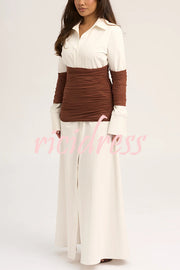 Fashionable Pleated Contrast Patchwork Waist Long Sleeve Button Shirt Maxi Dress