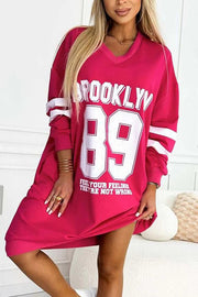 Sporty Jersey Style Digital Print Long Sleeve Pocket Sweatshirt Mini Dress