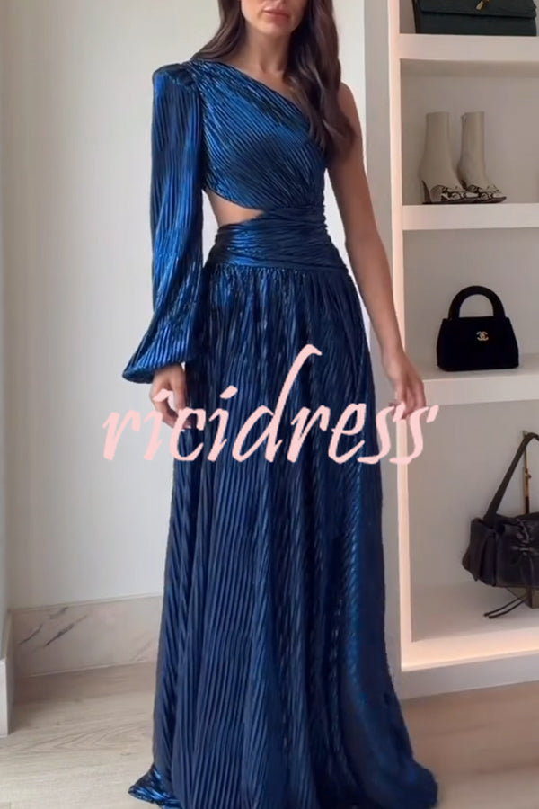 Dazzling Night Metallic Pleated One Shoulder Cutout Balloon Sleeve Gown Maxi Dress
