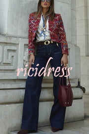 Vintage Bohemian Printed Chinese Style Buttons Long Sleeve Crop Jacket