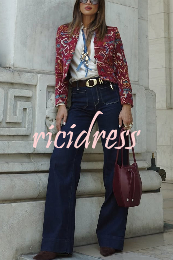Vintage Bohemian Printed Chinese Style Buttons Long Sleeve Crop Jacket
